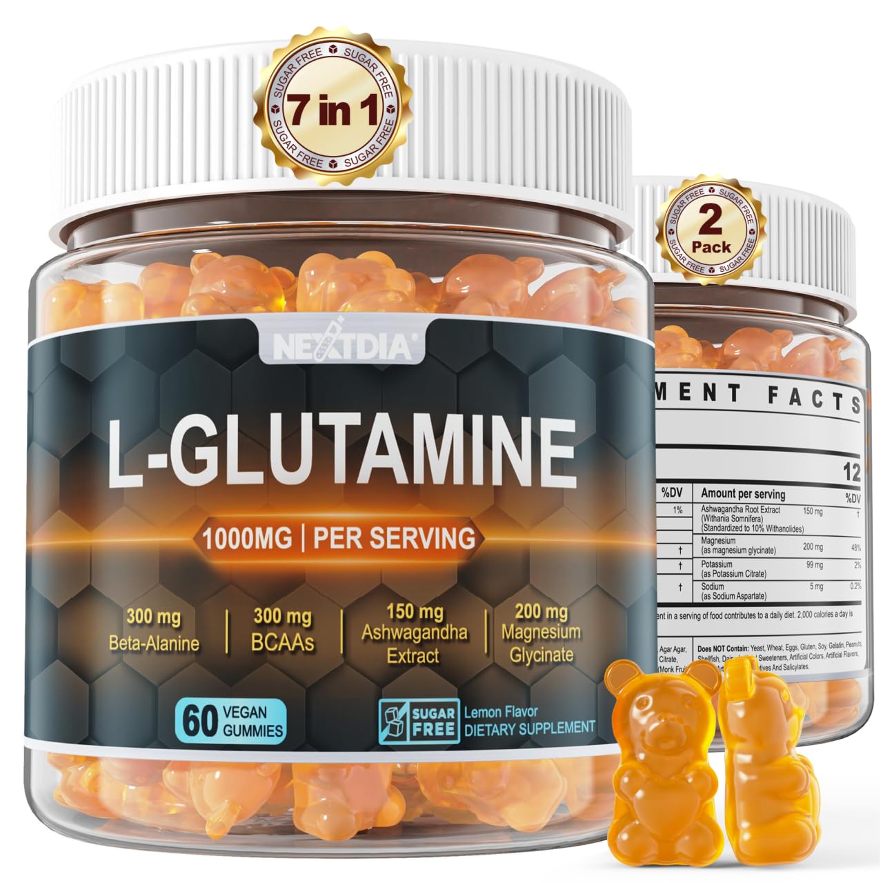 Nextdia envase frontal de gomitas L‑Glutamine 1000mg que muestra porciones y sin azúcar