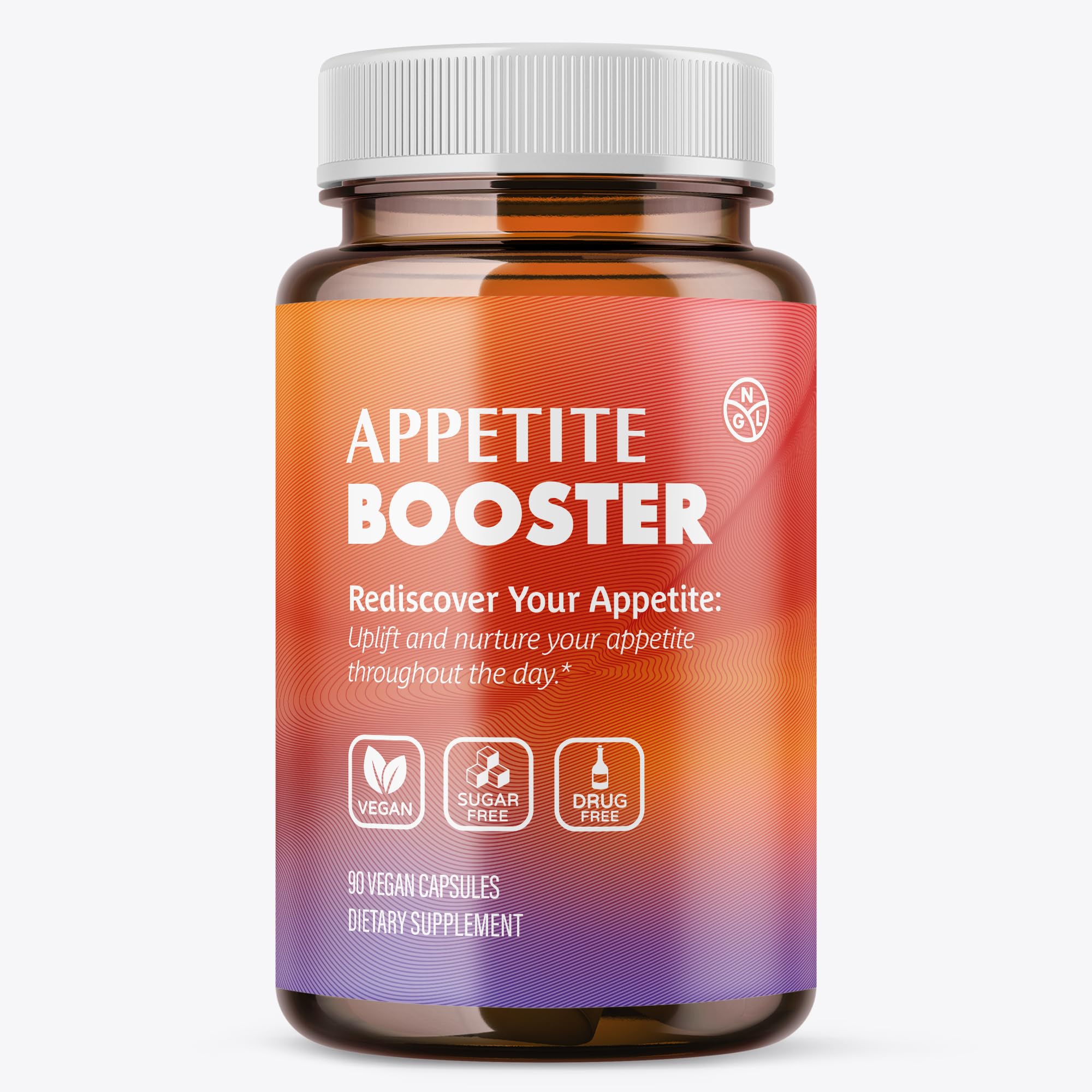 Frasco frontal NGL Appetite Booster mostrando etiqueta clara y beneficio de apoyo al apetito