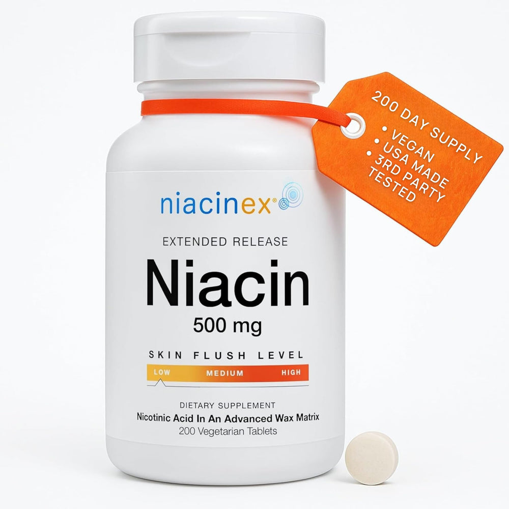 Niacinex frente del empaque mostrando 200 tabletas y ventajas claras