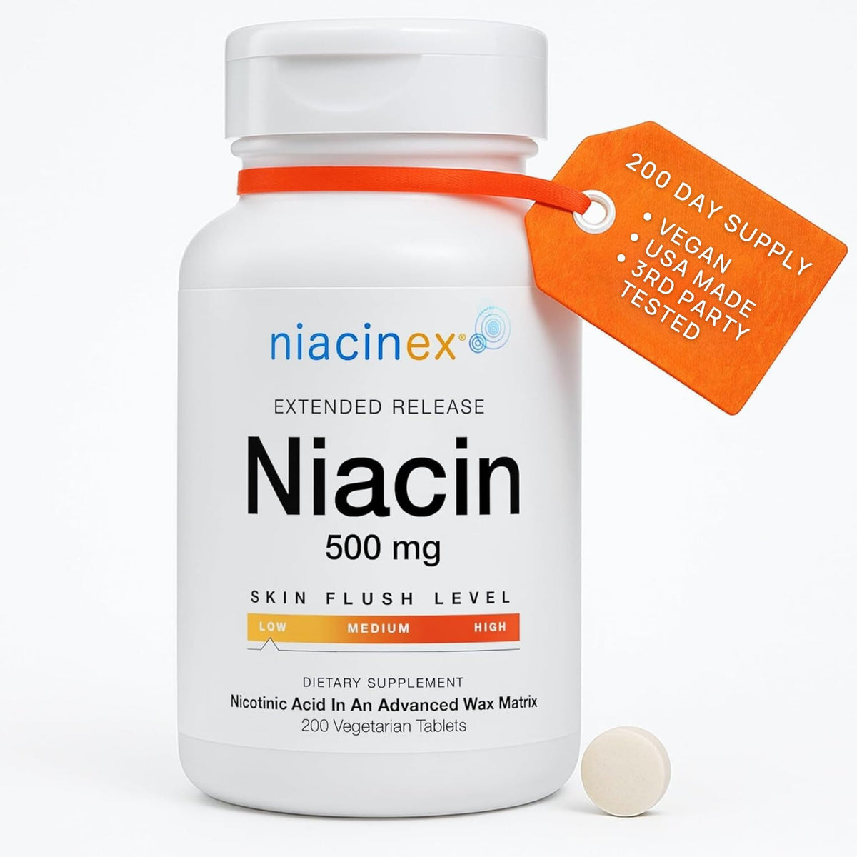 Niacinex frente del empaque mostrando 200 tabletas y ventajas claras