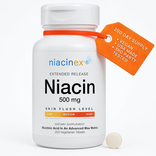Niacinex frente del empaque mostrando 200 tabletas y ventajas claras