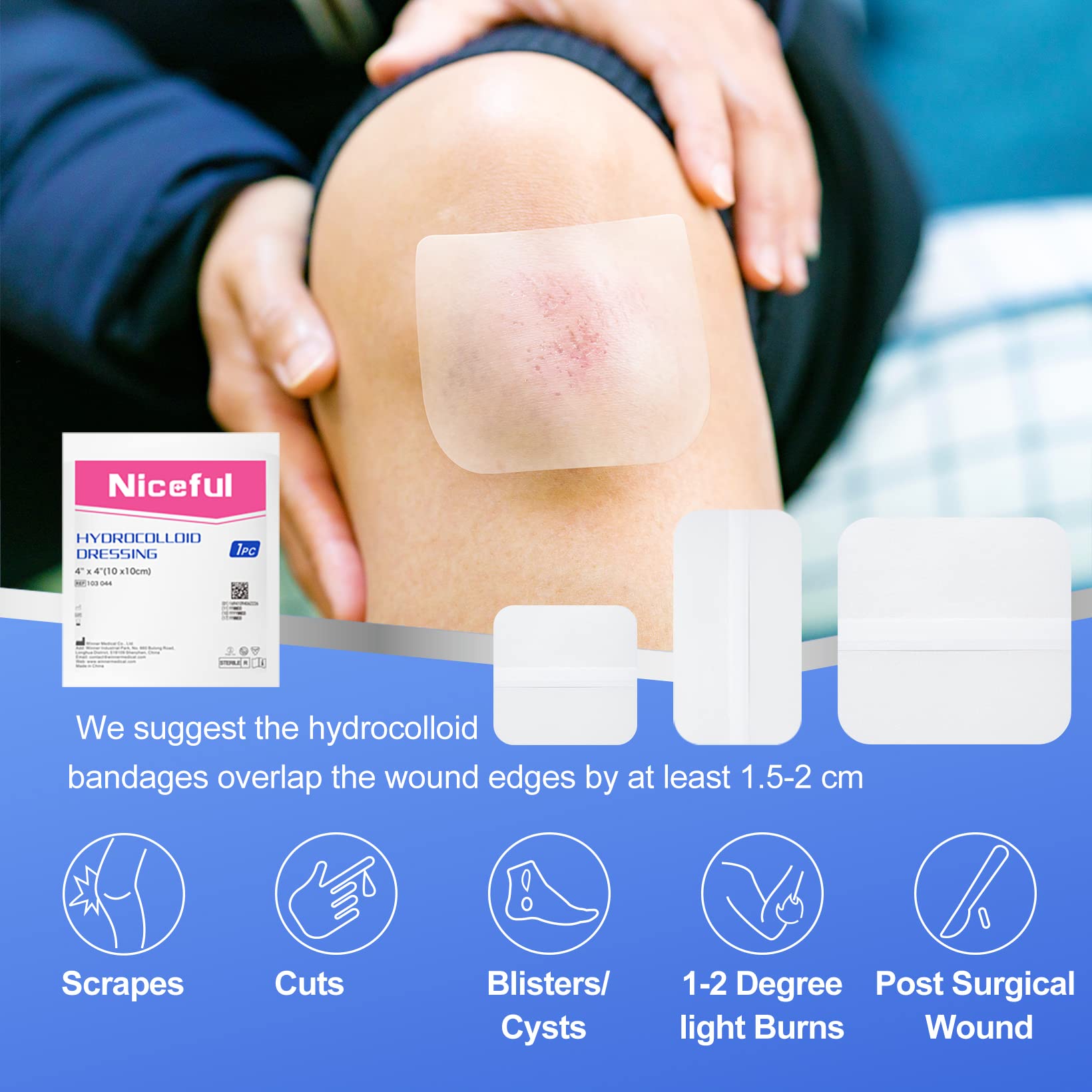 Niceful apósito en uso sobre rodilla ofreciendo protección y confort