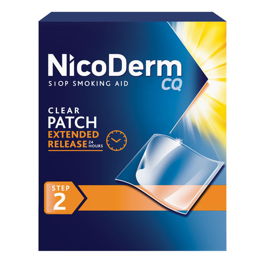 NicoDerm empaque frontal mostrando 21 parches y programa de apoyo