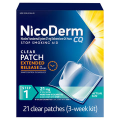 NicoDerm parche frontal del empaque mostrando dosis y cantidad, fácil identificación