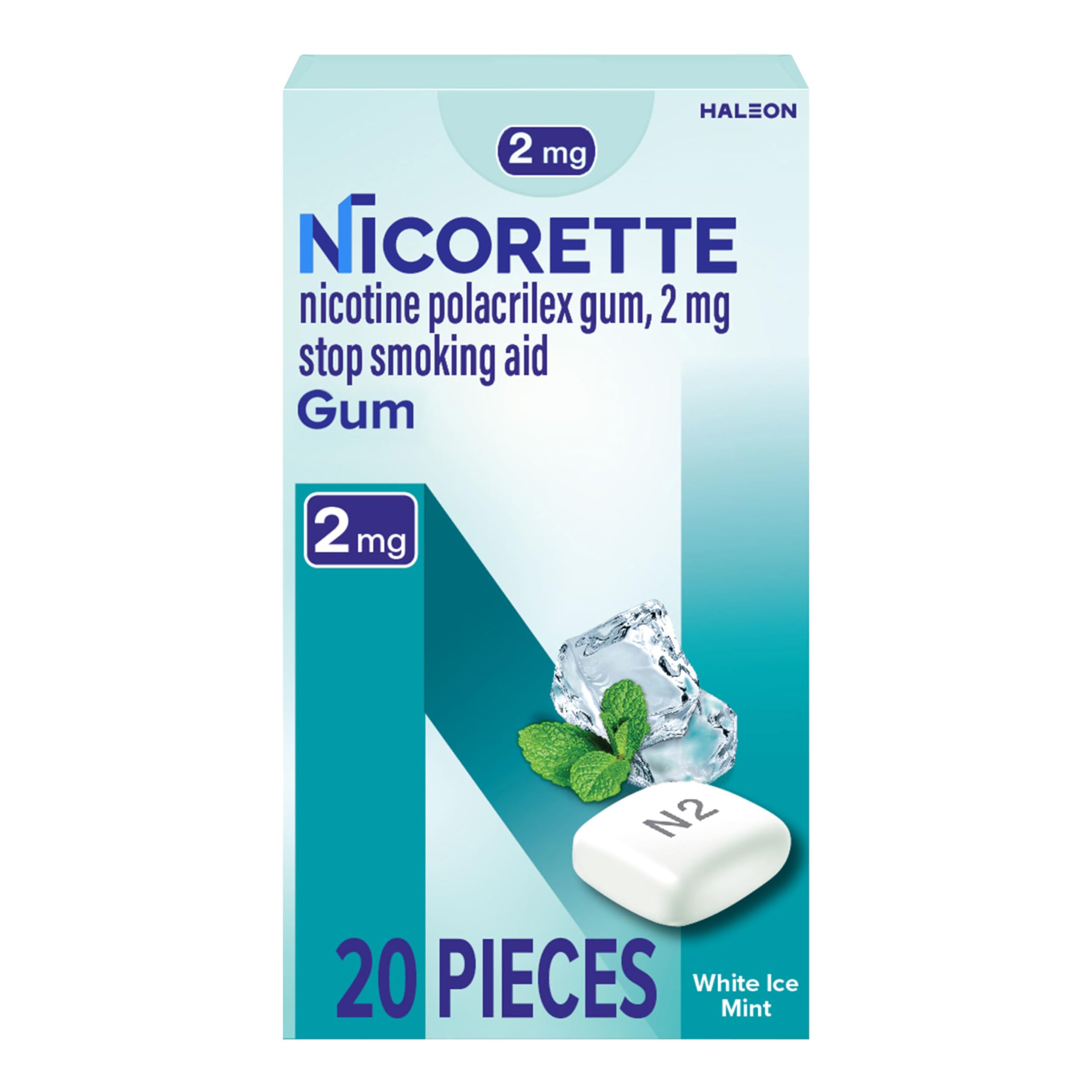 Nicorette paquete frontal mostrando 20 unidades y beneficio control craving