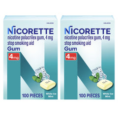 Nicorette frente del empaquetado mostrando 2 paquetes y beneficio de provisión