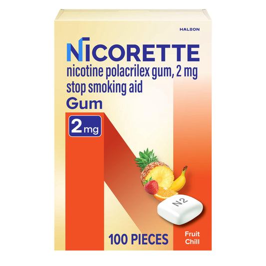 Nicorette frontal del envase 100 piezas mostrando formato y sabor Fruit Chill, conveniencia