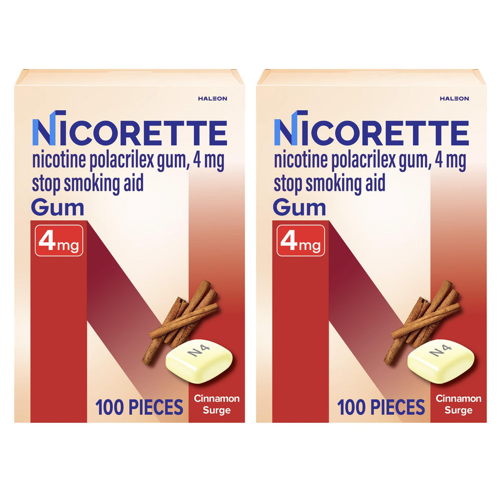 Nicorette frontal del paquete mostrando el formato doble y facilidad de uso