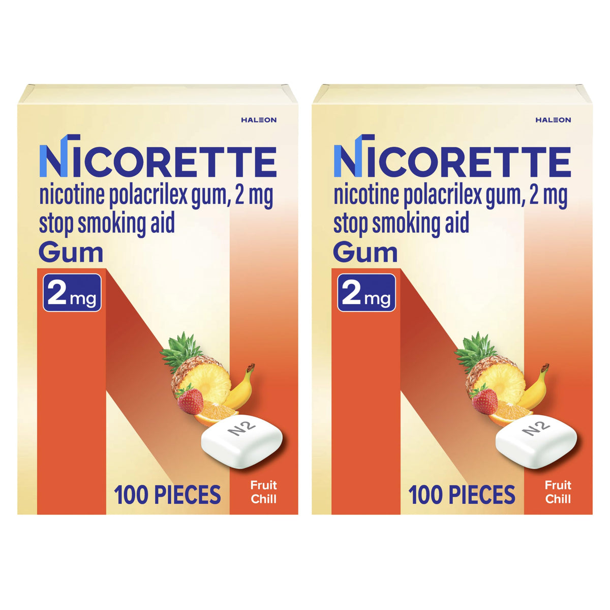 Nicorette frente del empaque mostrando 200 piezas y fácil almacenamiento