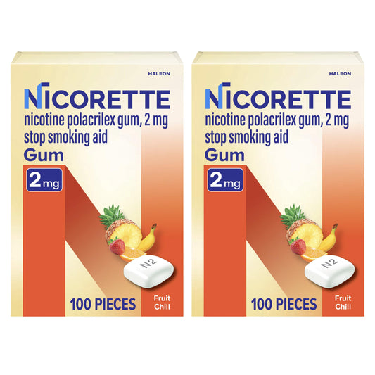Nicorette frente del empaque mostrando 200 piezas y fácil almacenamiento