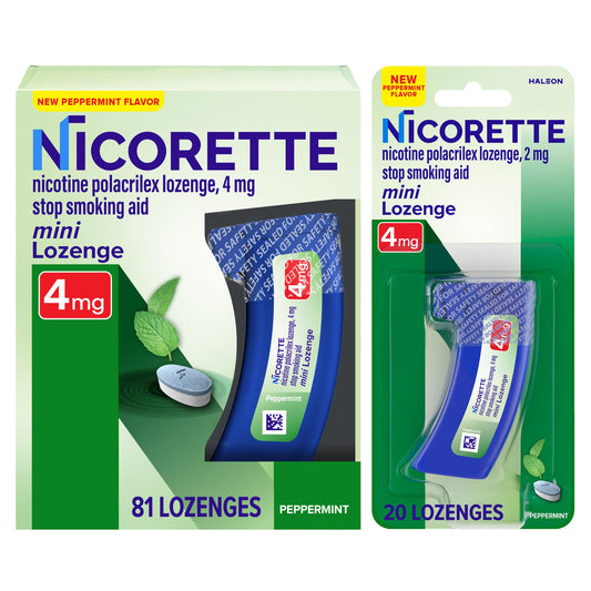 Nicorette mini frontal del paquete mostrando la cantidad y sabor, ayuda portátil