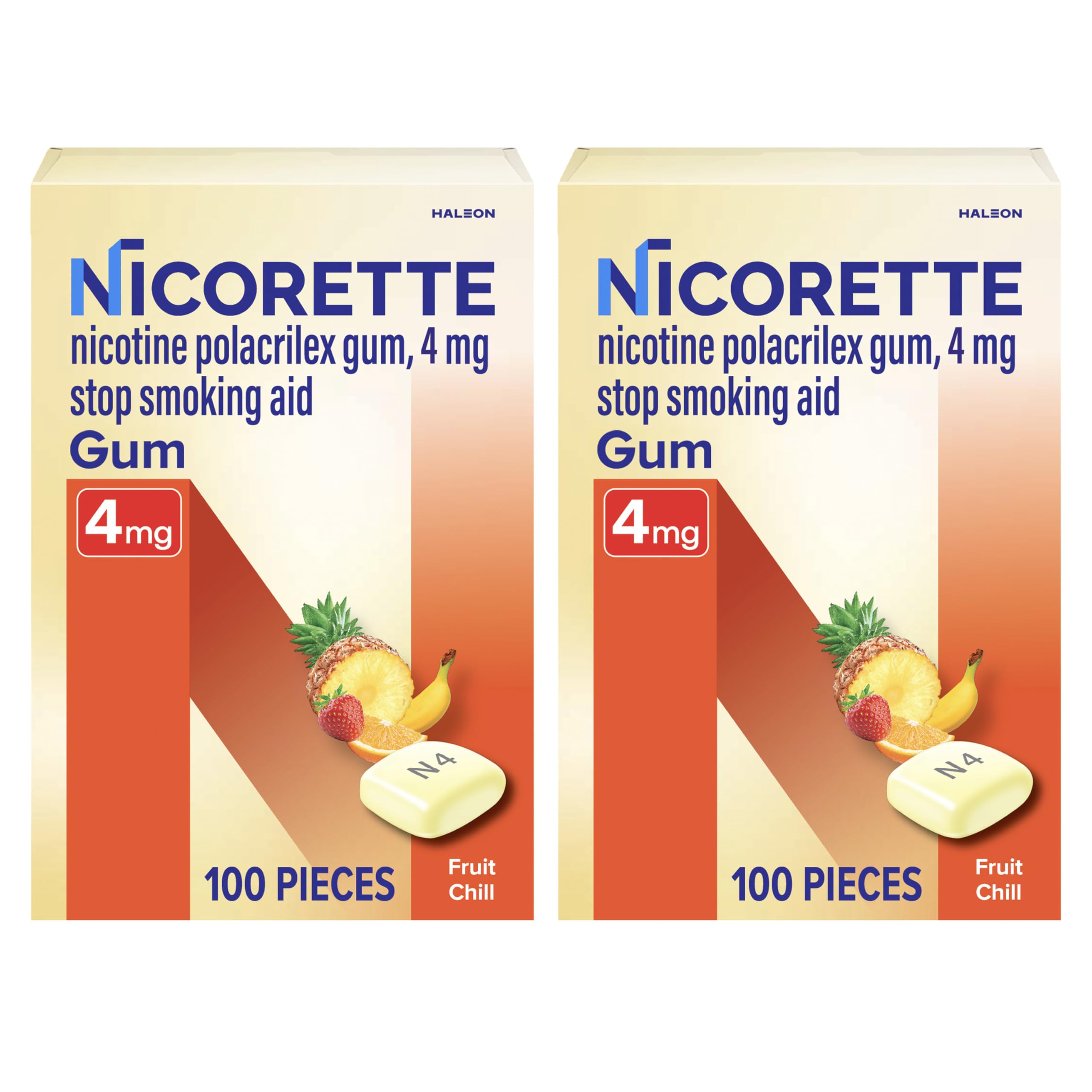 Nicorette embalaje frontal mostrando cantidad y sabor Fruit Chill, claridad de producto