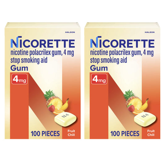 Nicorette embalaje frontal mostrando cantidad y sabor Fruit Chill, claridad de producto