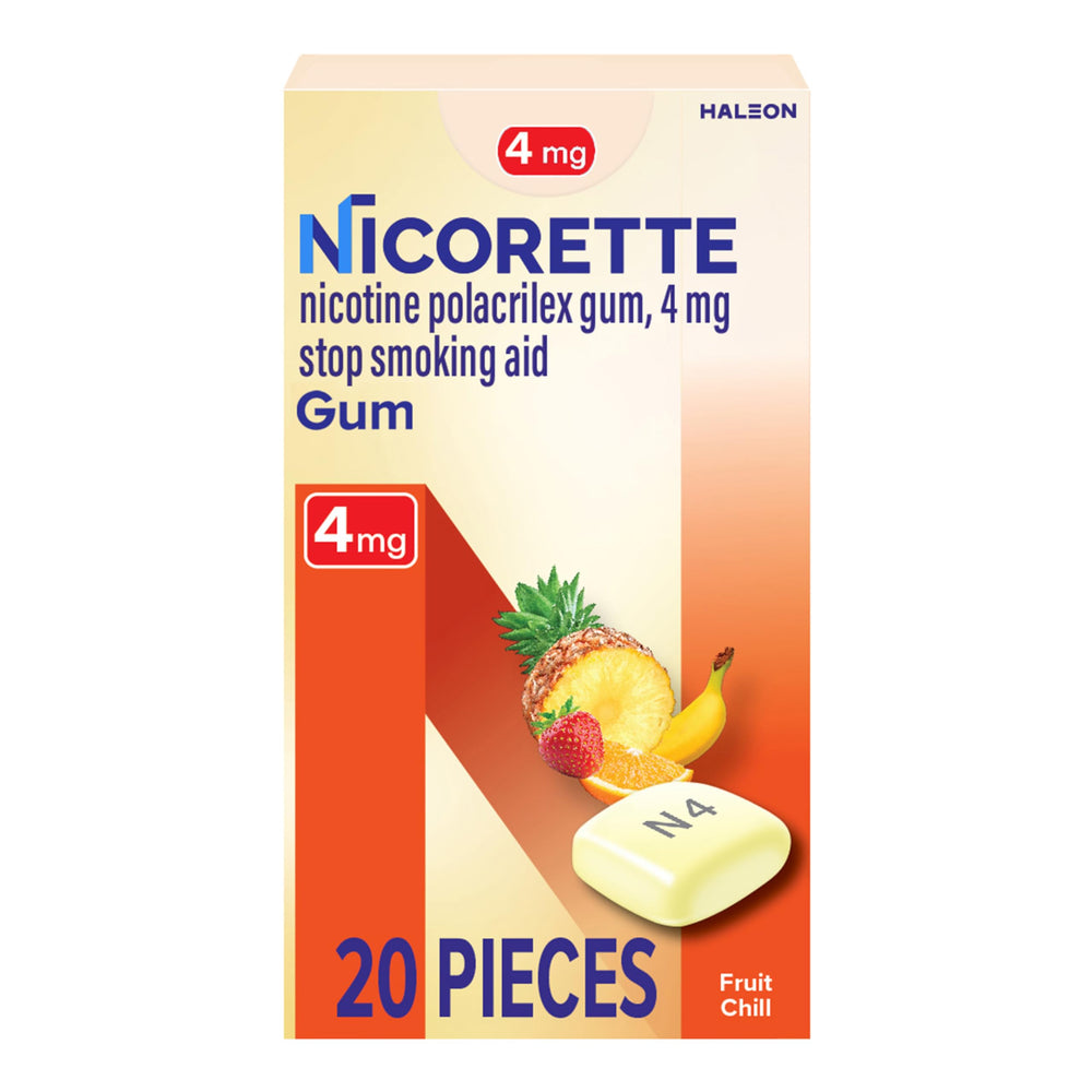 Nicorette paquete frontal Fruit Chill mostrando 20 piezas y ventaja portable