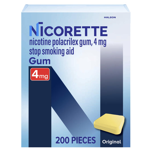 Nicorette paquete frontal mostrando 200 unidades y ayuda para abandonar fumar