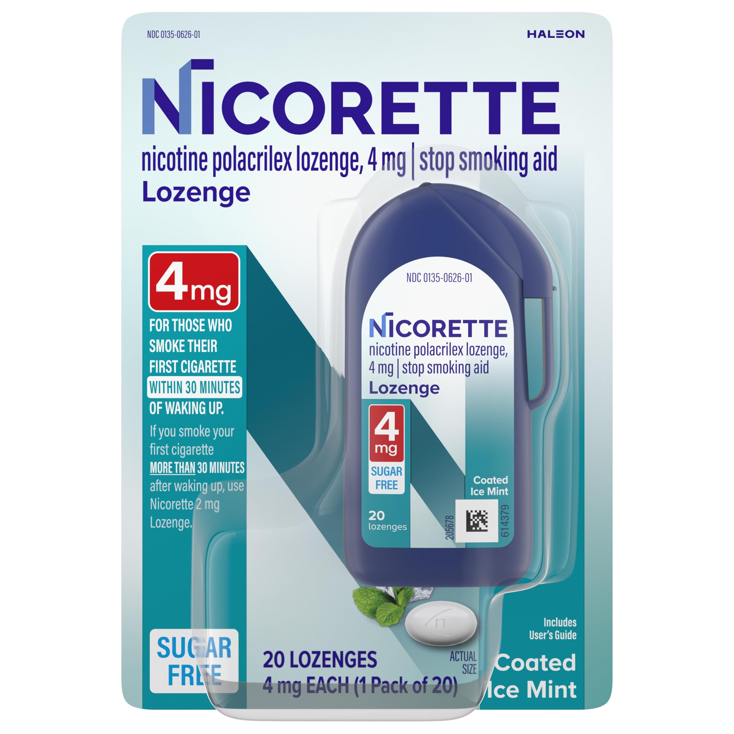Nicorette pastillas frontales mostrando caja y dispensador, fácil transporte