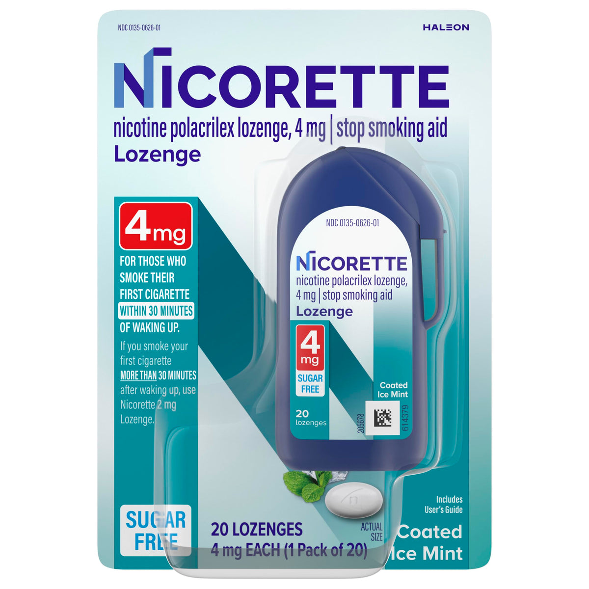 Nicorette pastillas frontales mostrando caja y dispensador, fácil transporte