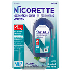 Nicorette pastillas frontales mostrando caja y dispensador, fácil transporte