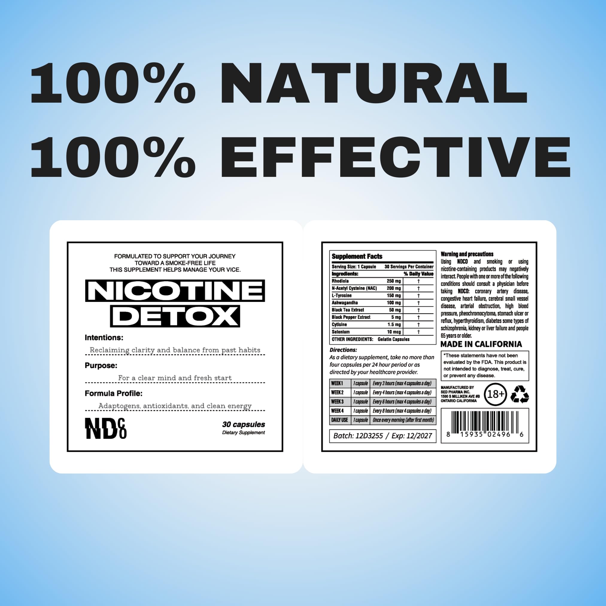 Nicotine Detox by NDCO etiqueta con ingredientes ofreciendo transparencia