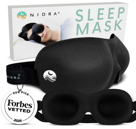 Mascara Nidra frontal en negro mostrando forma contorneada y beneficio de bloqueo total