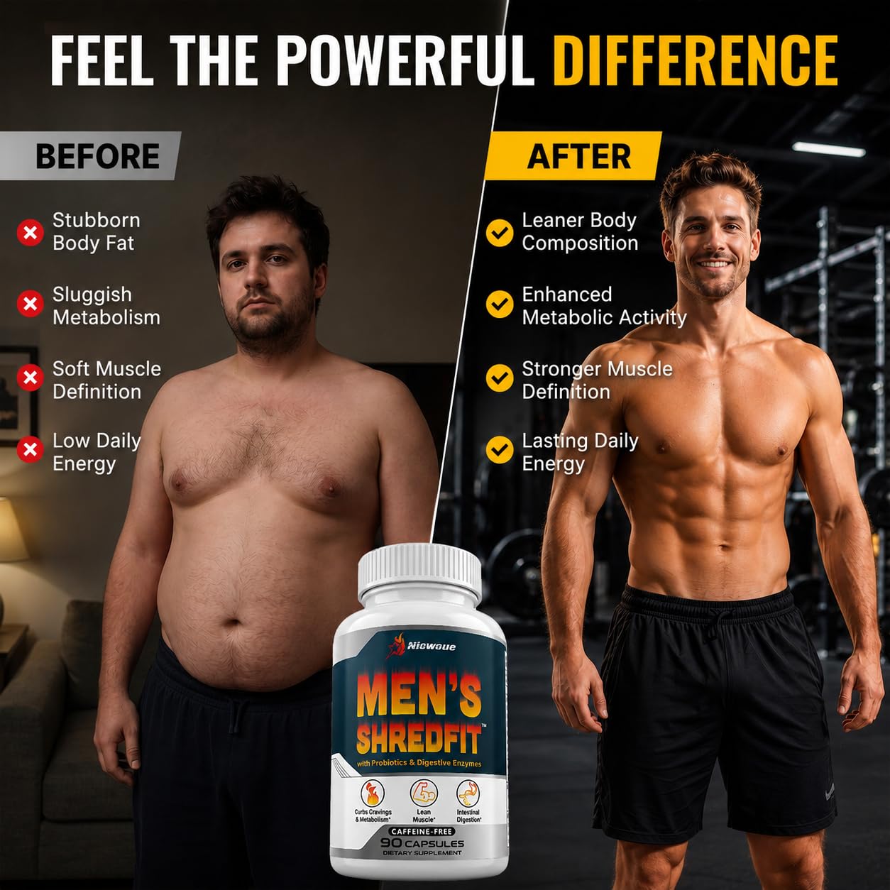 Niewoue hombre entrenando tras tomar suplemento, energía estable