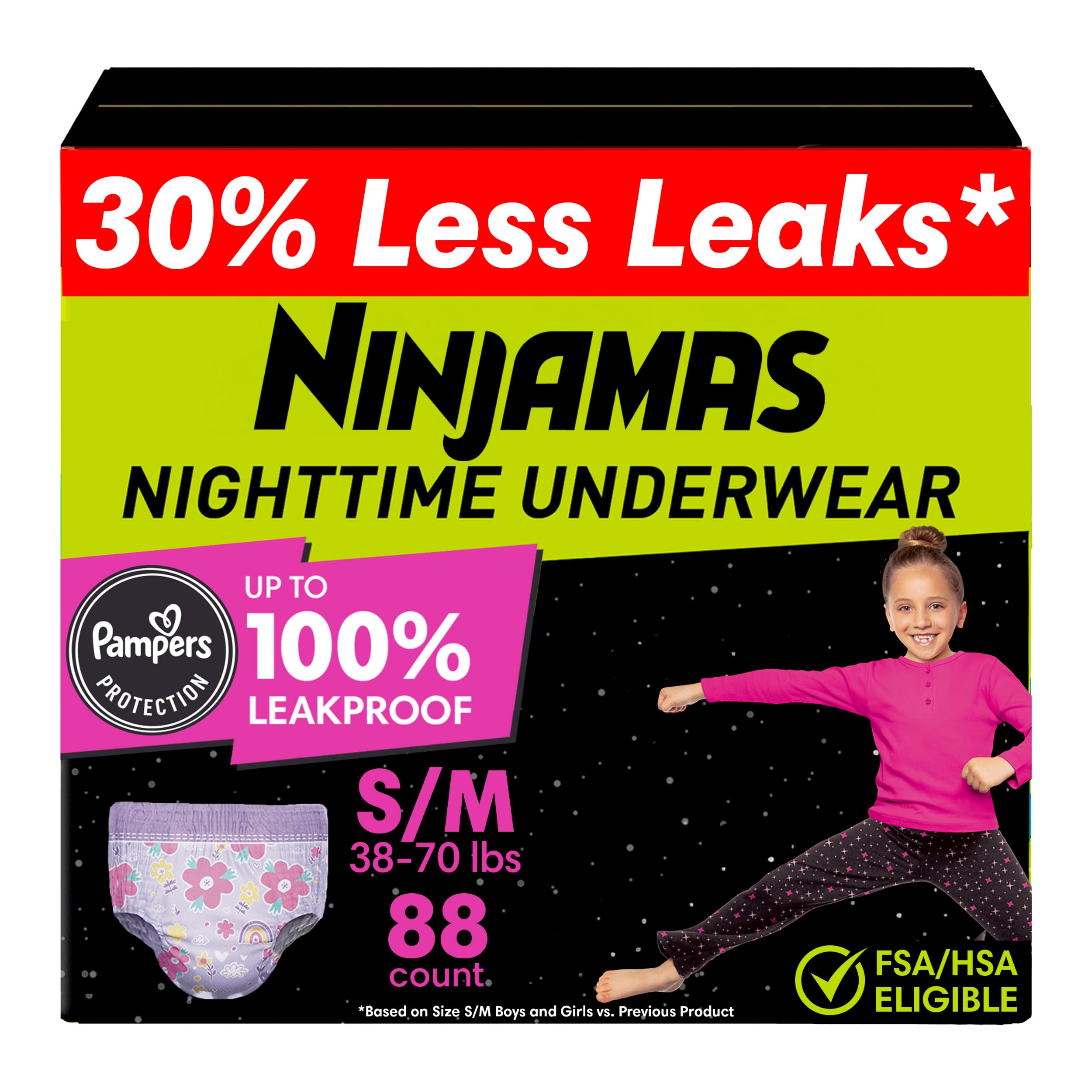 Ninjamas empaque frontal mostrando 88 unidades y beneficio de protección nocturna