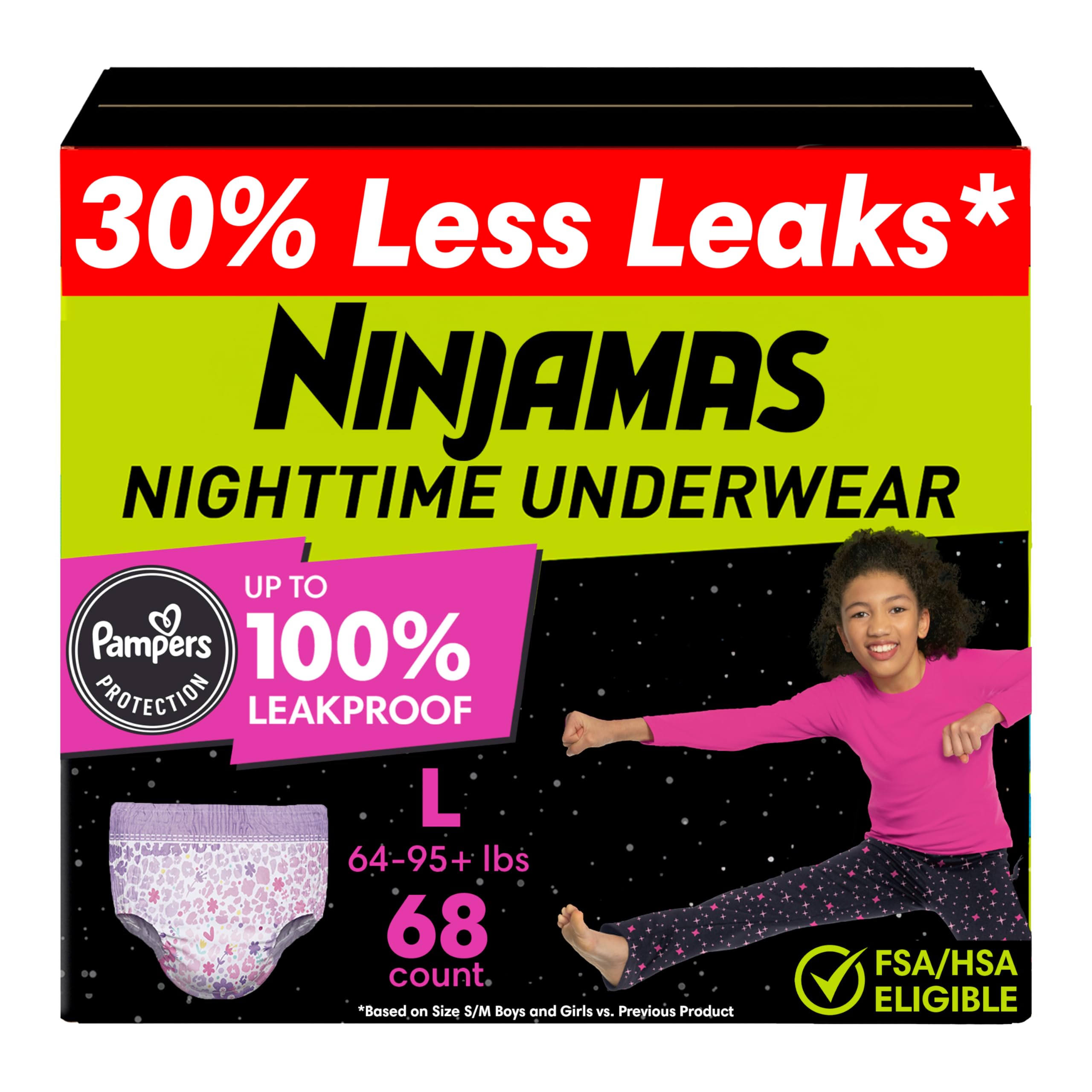 Ninjamas empaque frontal mostrando 68 unidades y talla L, comodidad y confianza