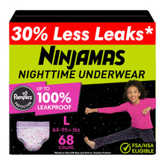Ninjamas empaque frontal mostrando 68 unidades y talla L, comodidad y confianza