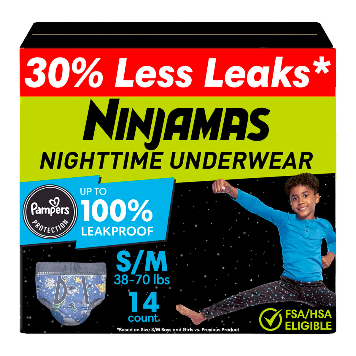 Ninjamas paquete frontal mostrando protección nocturna y conteo