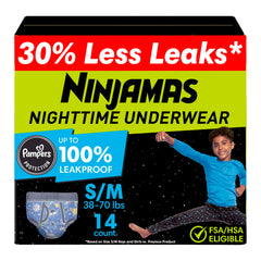 Ninjamas paquete frontal mostrando protección nocturna y conteo