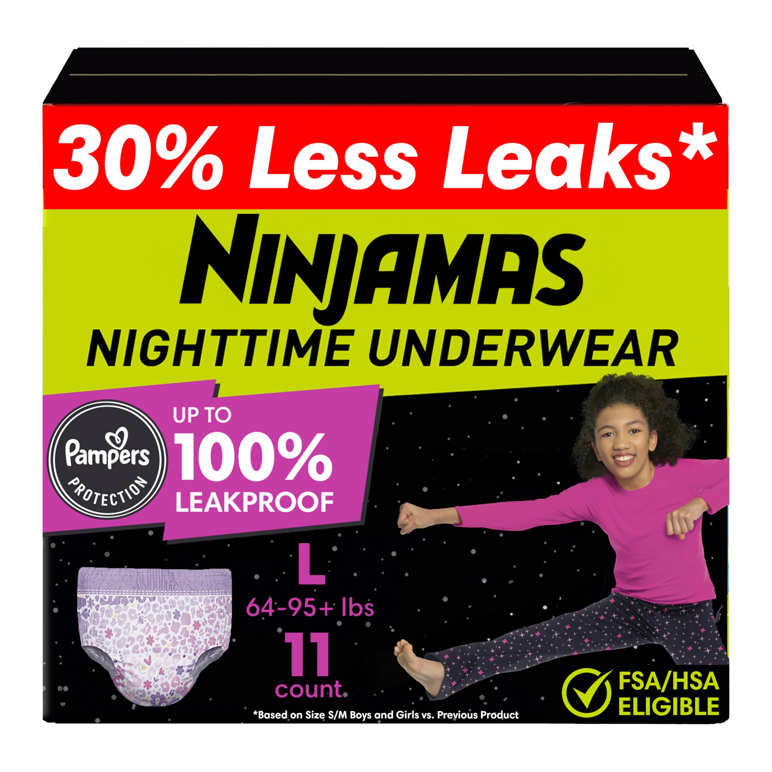 ninjamas empaque frontal mostrando diseño y conteo 11 beneficios de protección
