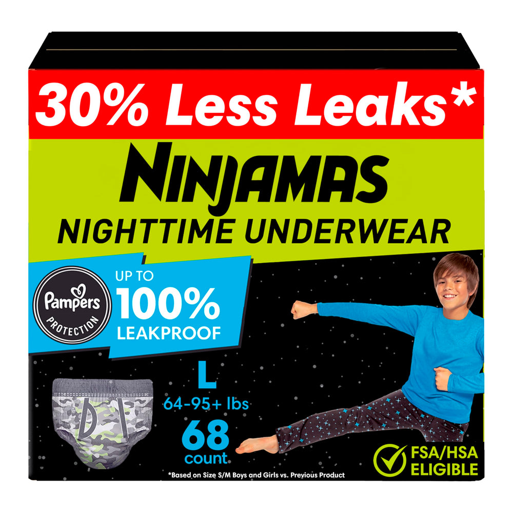 Ninjamas paquete frontal mostrando 68 unidades y talla L, protección nocturna