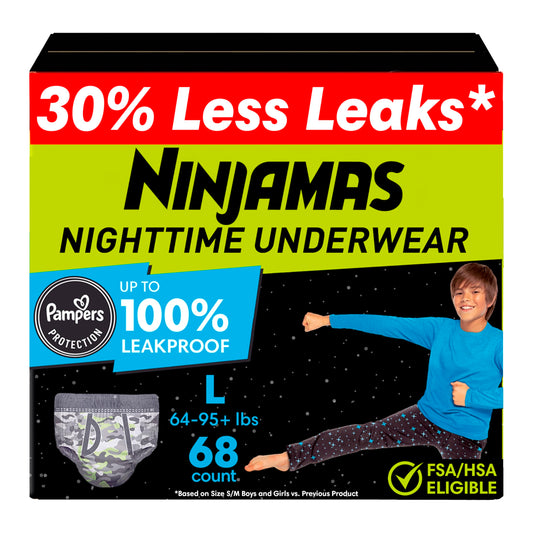 Ninjamas paquete frontal mostrando 68 unidades y talla L, protección nocturna