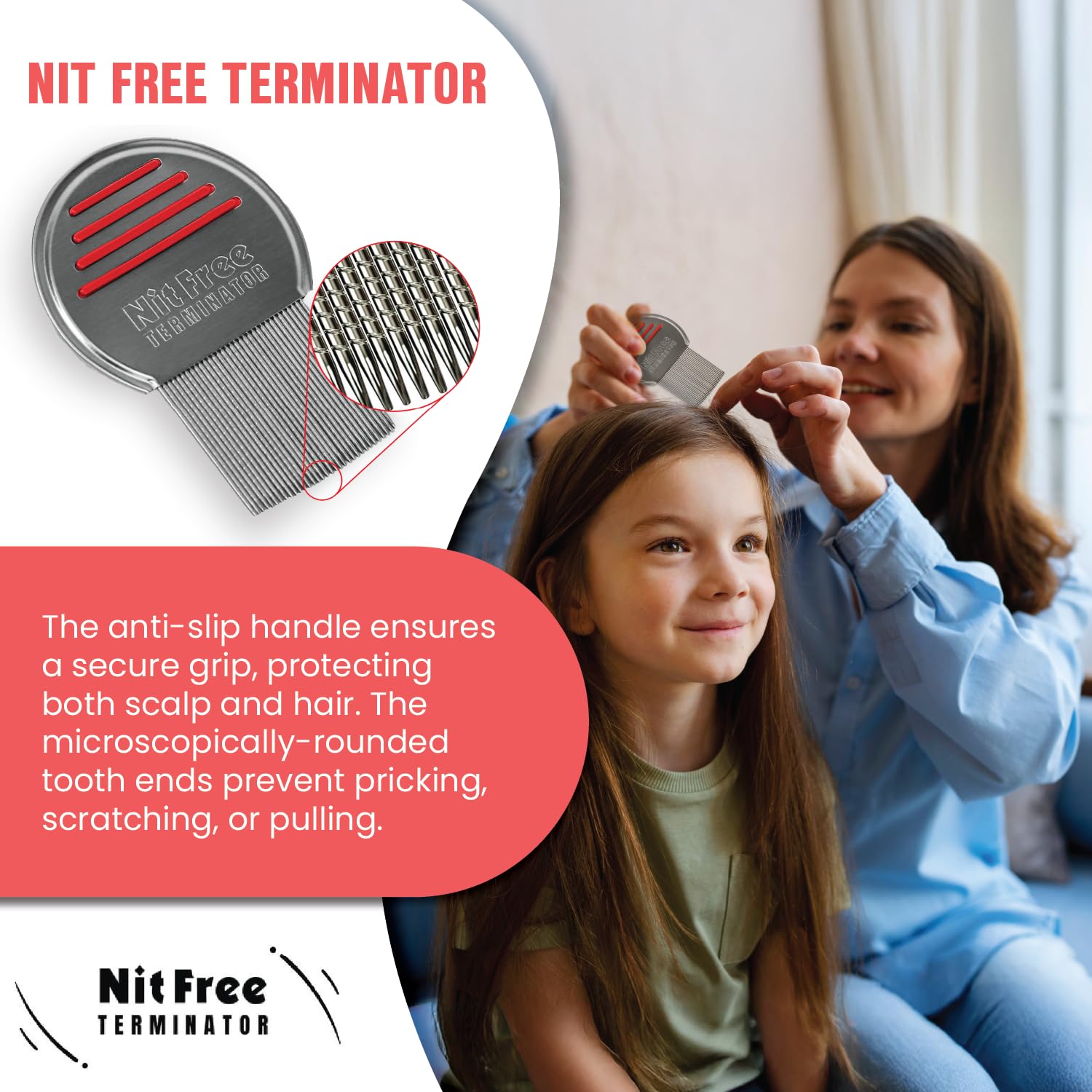 Nit Free Terminator comparación de tamaño con peines comunes, durable y reutilizable