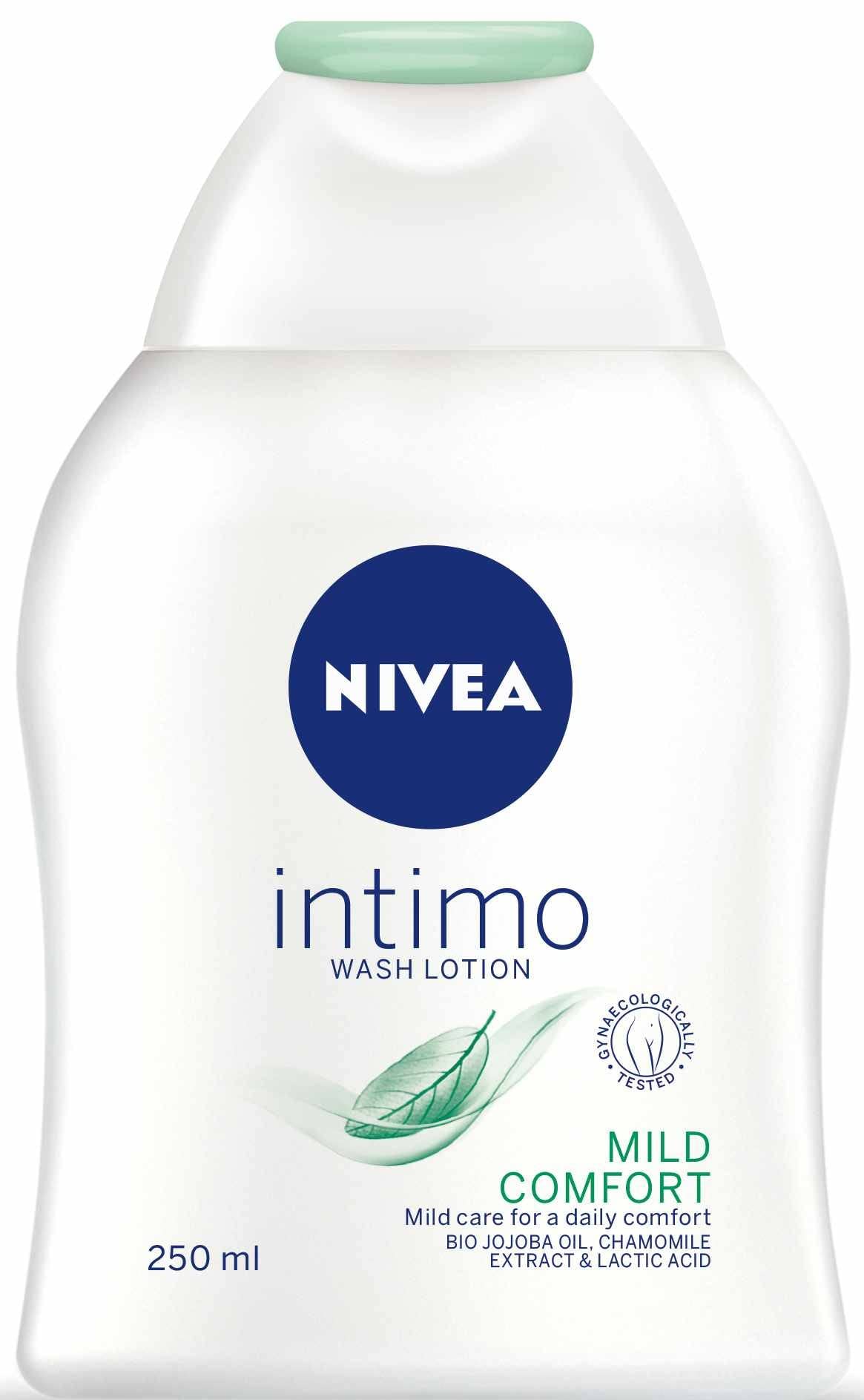 NIVEA limpiador íntimo frontal botella 250 ml mostrando diseño y uso cómodo