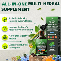 Nivltpure aceite rodeado de hojas de orégano y semillas negras que subrayan origen botánico