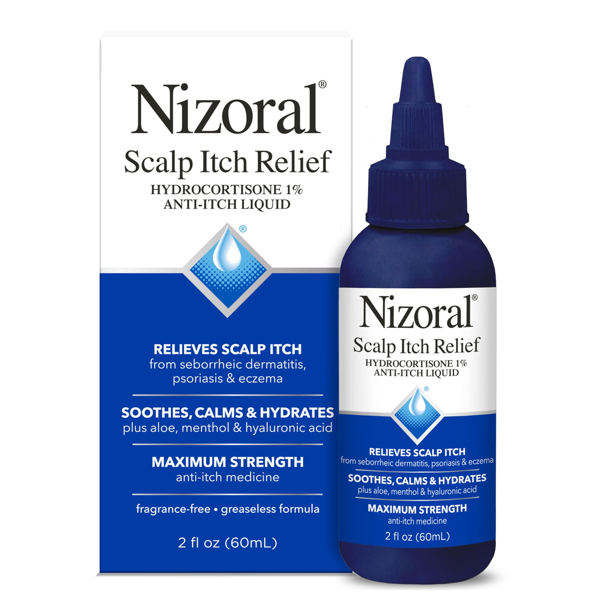 Nizoral frasco frontal mostrando etiqueta y beneficio alivio del picor
