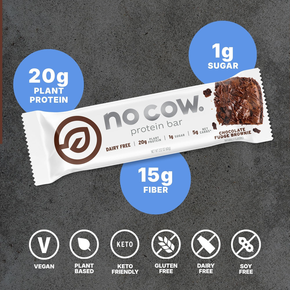 No Cow barra empaquetada en primer plano, conveniente para llevar y consumir