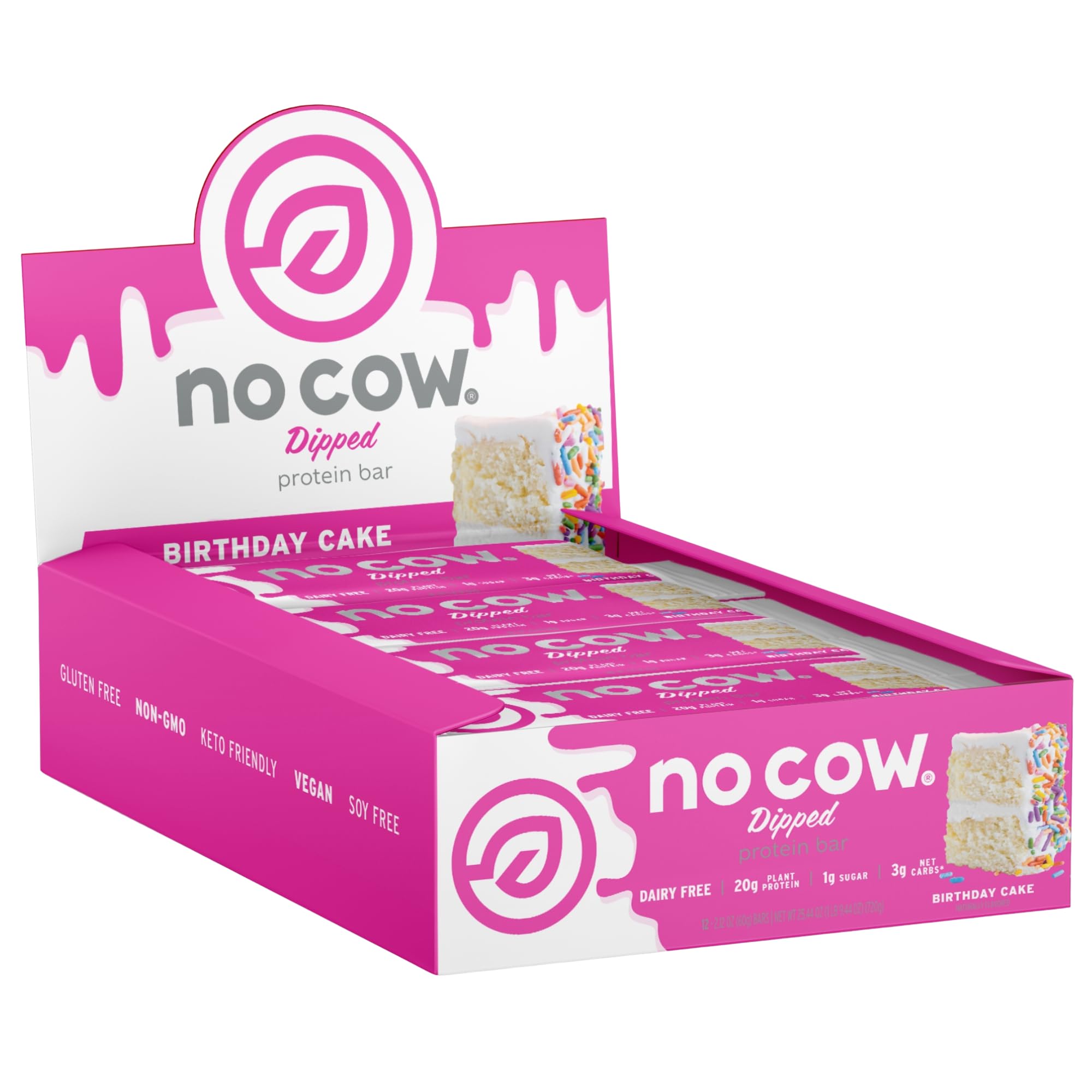 No Cow frontal de la caja mostrando 12 barras y beneficios nutricionales