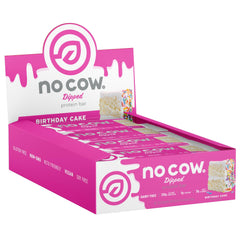 No Cow frontal de la caja mostrando 12 barras y beneficios nutricionales