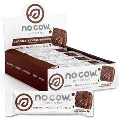 No Cow caja frontal mostrando 12 barras, opción vegana y baja en azúcar