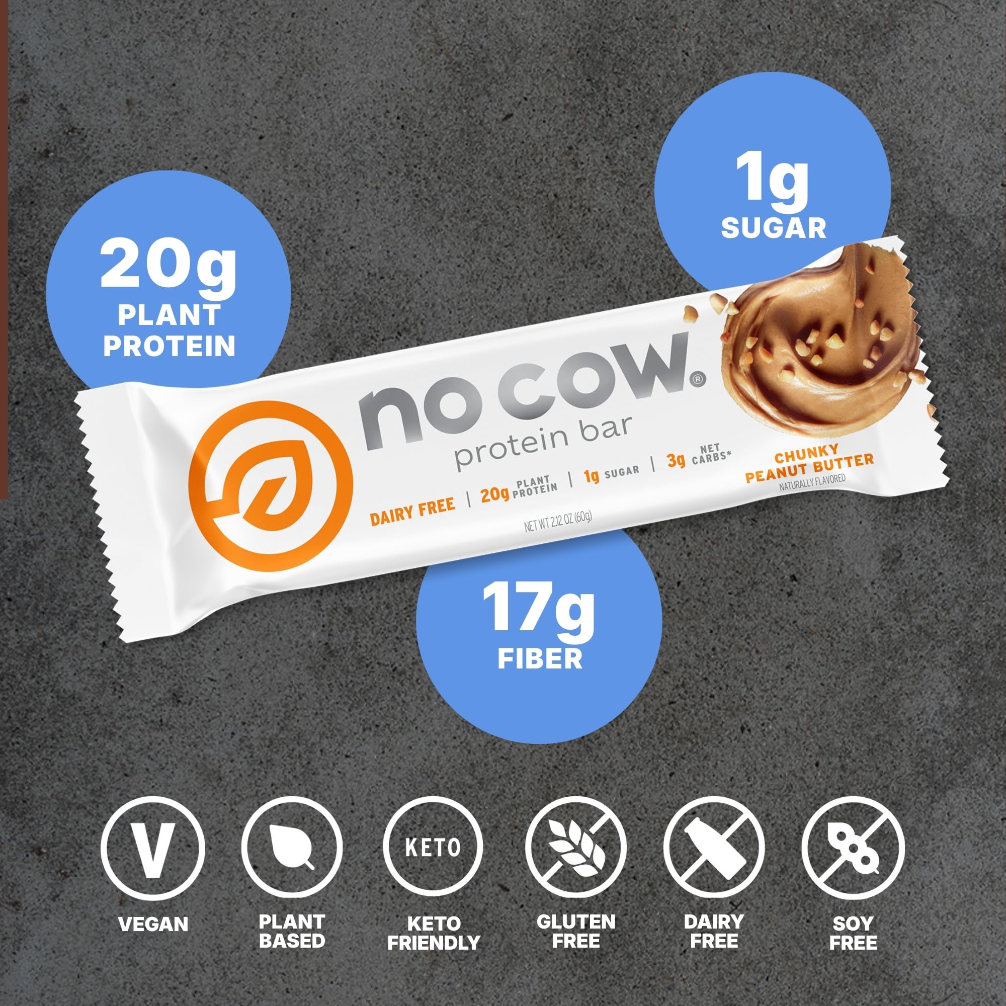 No Cow detalle textura de la barra con proteína visible, beneficio saciedad