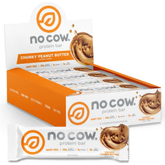 No Cow empaque frontal mostrando 12 barras, beneficio conveniencia