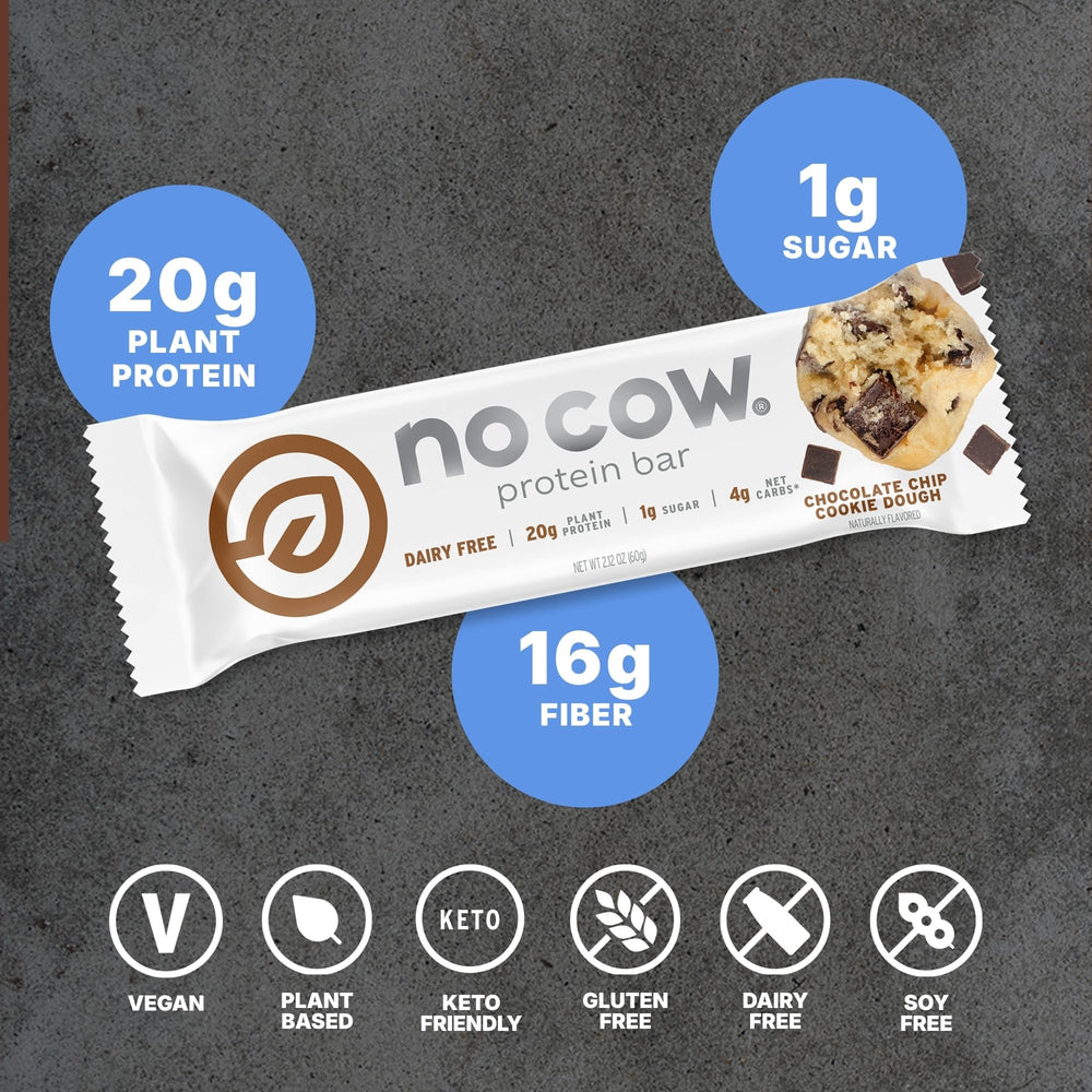 No Cow primer plano de textura cookie dough y chips, sugerente y apetecible