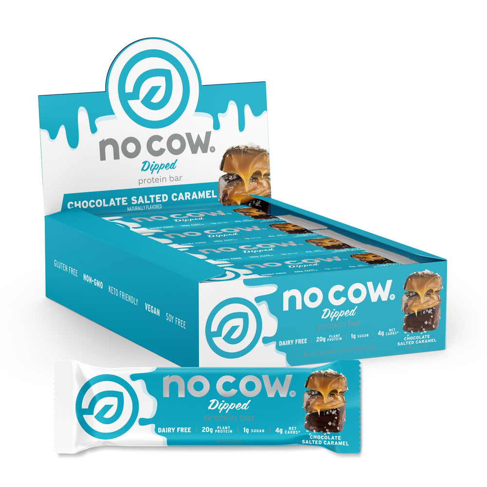 No Cow empaque frontal del pack de 12 mostrando sabor y beneficios