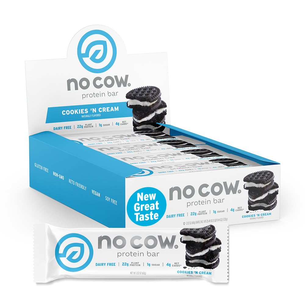 No Cow frente del empaque mostrando caja de 12 barras, conveniencia y proteína