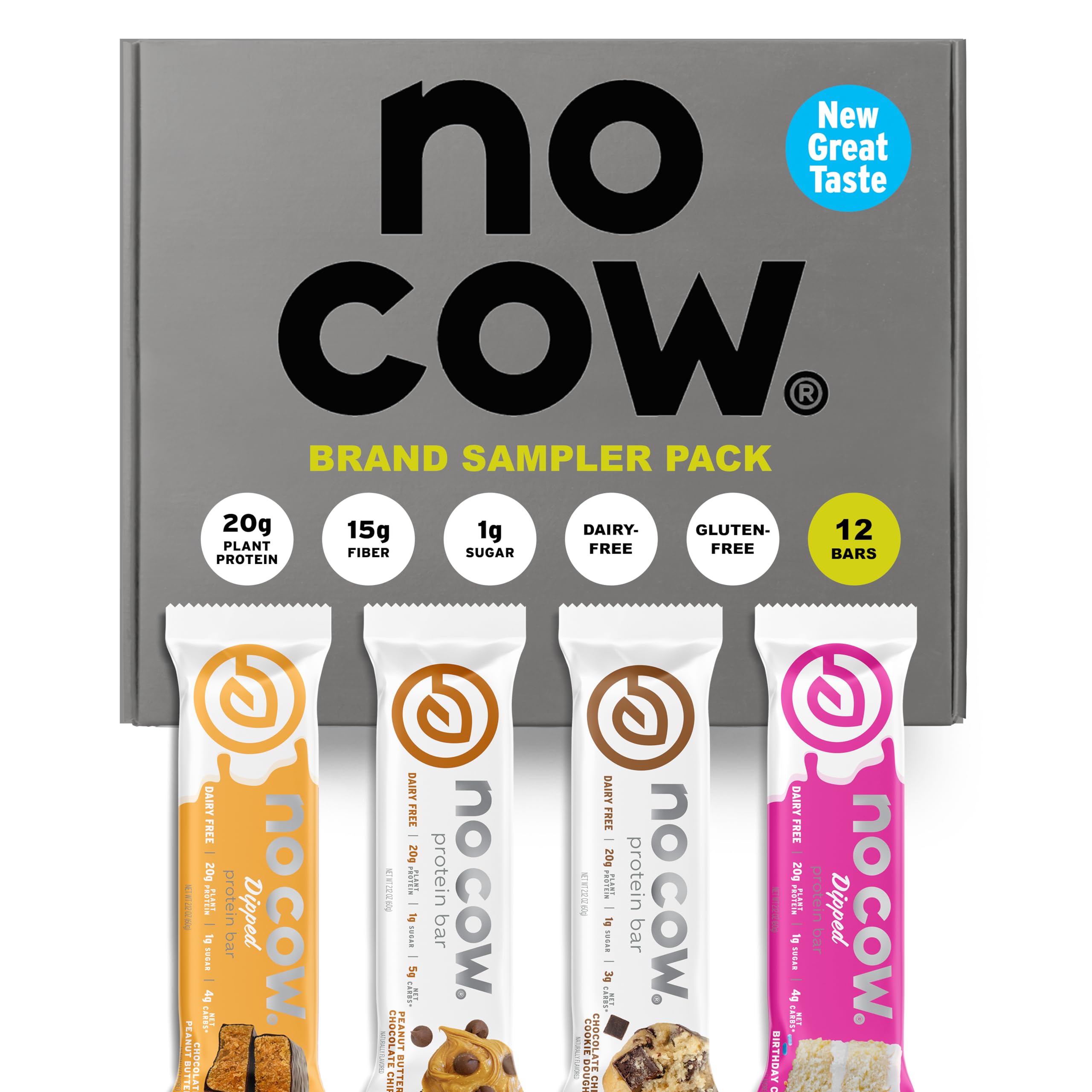 No Cow envase frontal mostrando variedad de sabores y beneficios principales