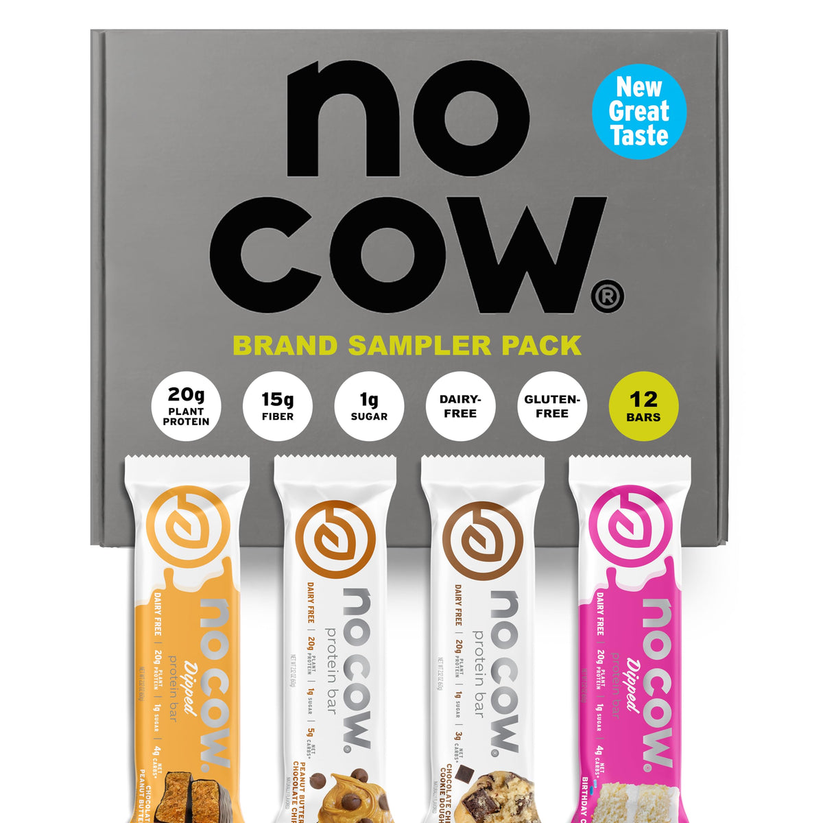 No Cow envase frontal mostrando variedad de sabores y beneficios principales