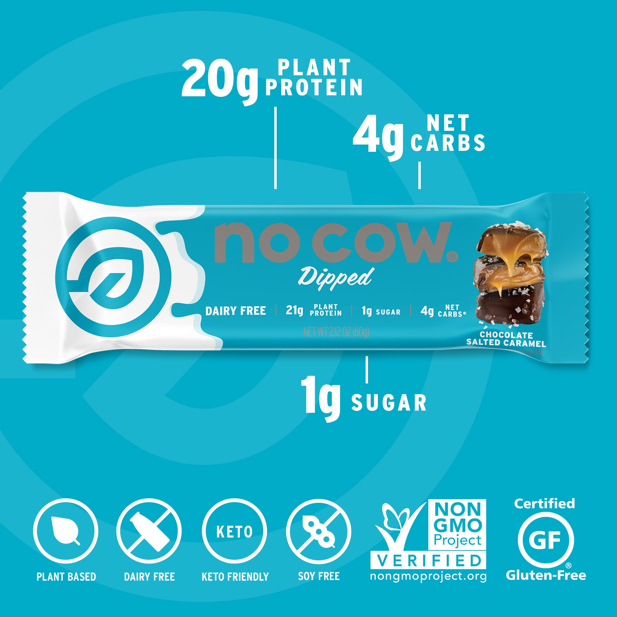 No Cow corte de barra destacando textura masticable y cacao real