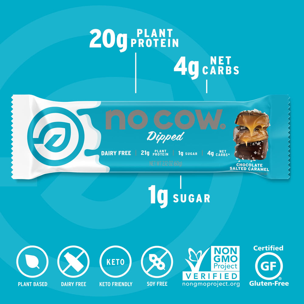 No Cow corte de barra destacando textura masticable y cacao real